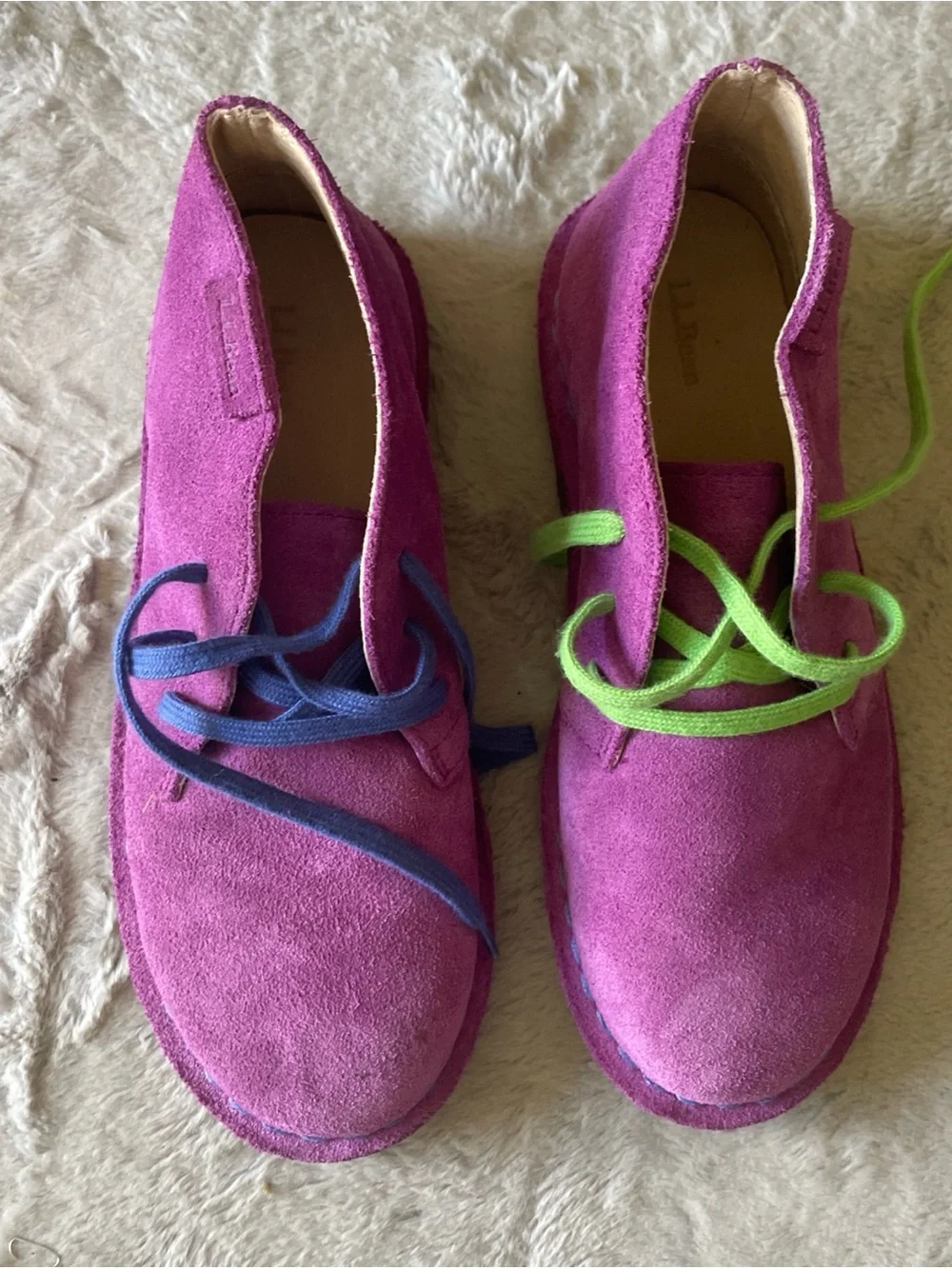 L.L. Bean Kids Fuchsia Suede Desert Boots with Blue and Green Laces